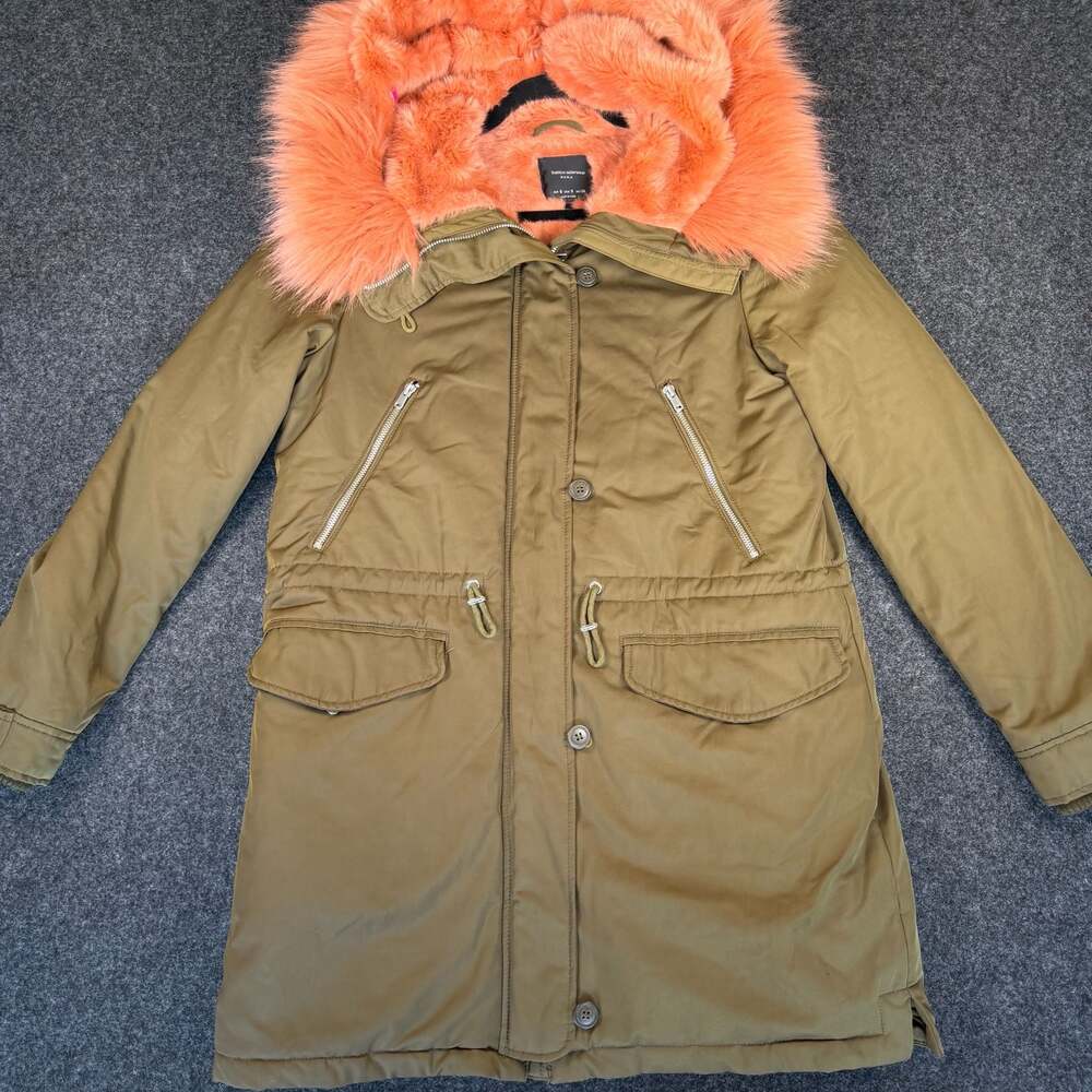 Zara Trafaluc Outerwear Army Green Parka with Coral Pink Faux Fur Hood